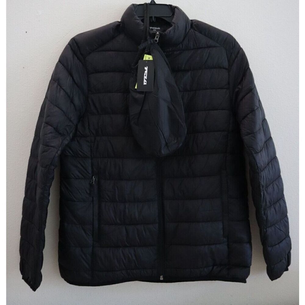 TSLA Men's Sz M Black Lightweight Packable Full Zip Accent Puffer Winter Jacket